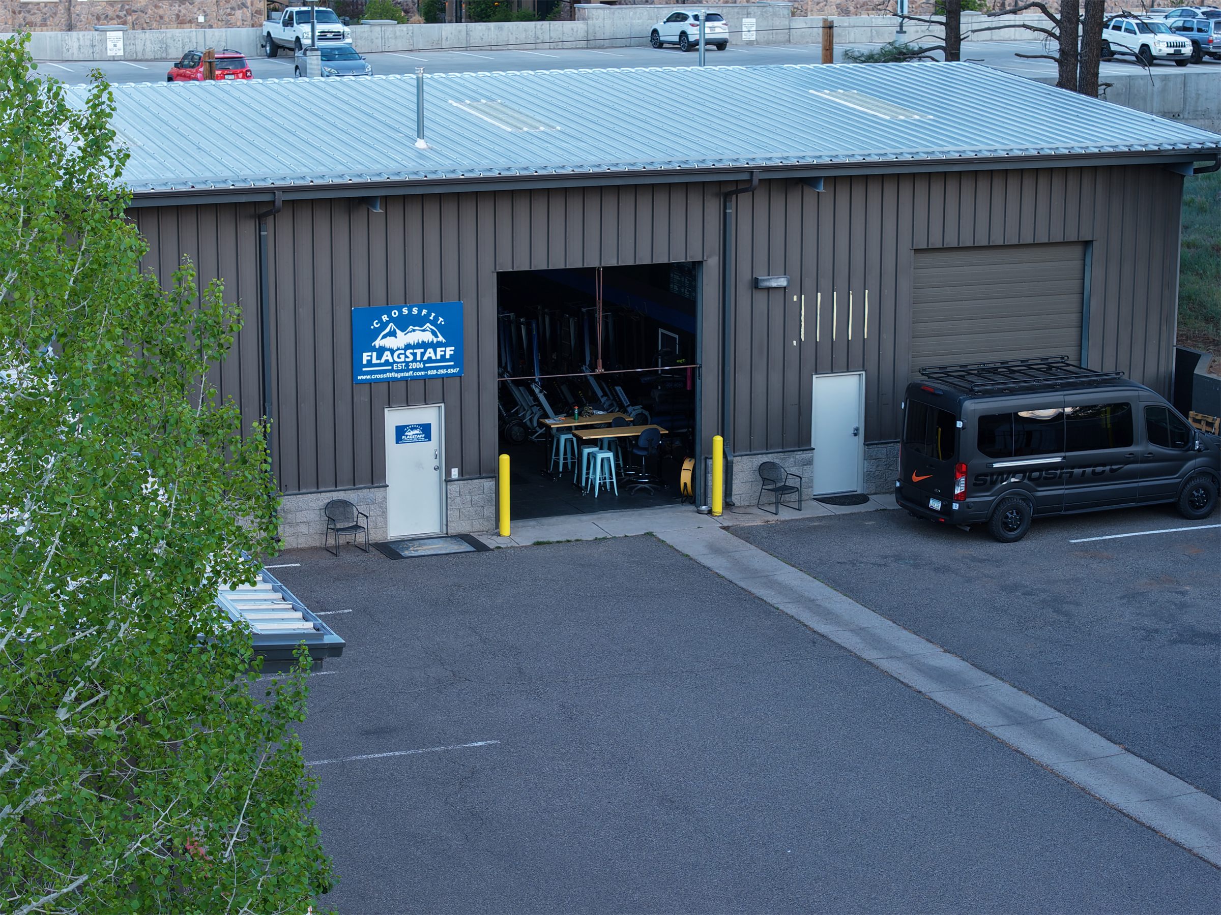 Aerial drone view of a CrossFit gym in Flagstaff