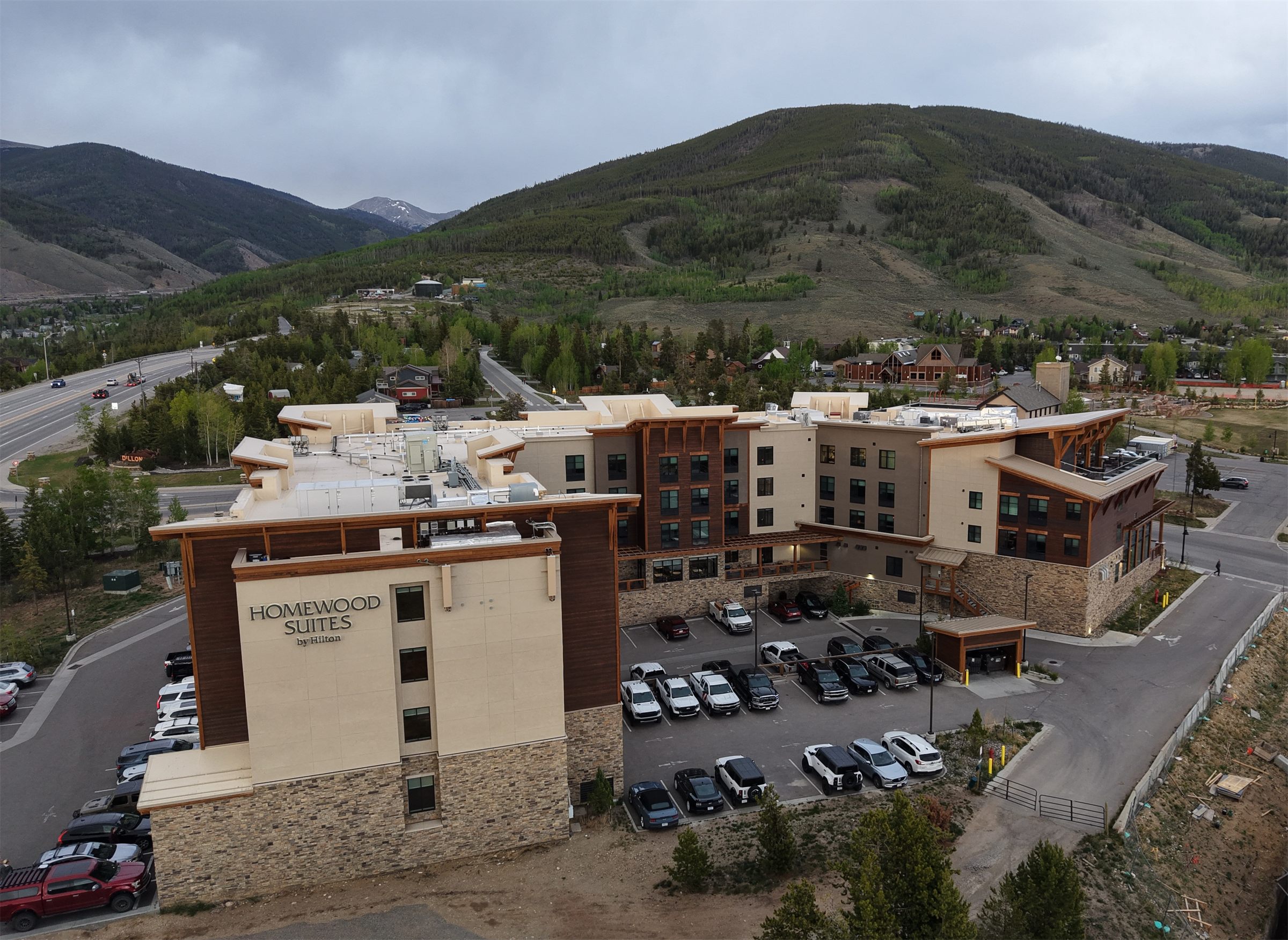 Aerial drone view of a Homewood Suites property