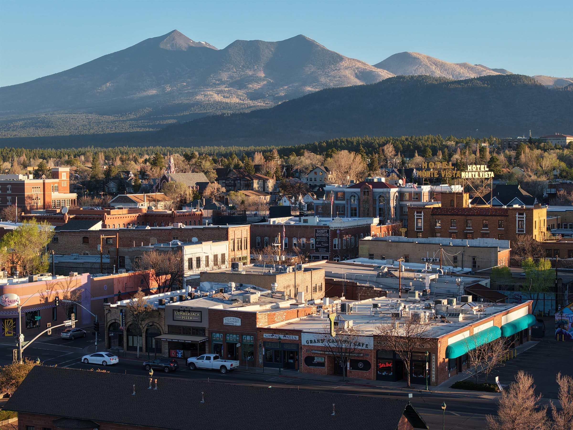 Aerial view of downtown Flagstaff around the Hotel Monte Vista