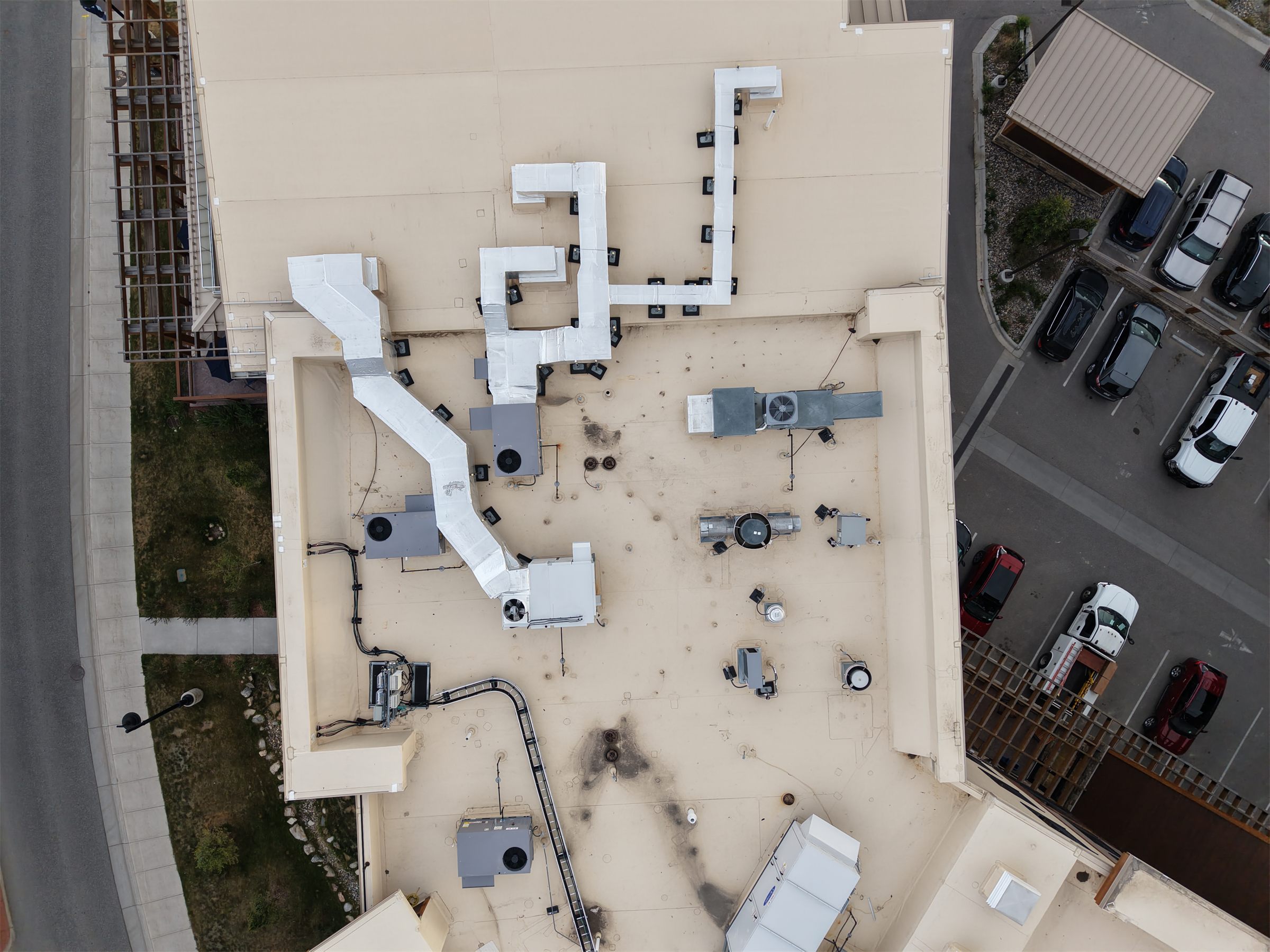 Aerial drone view of a roof survey