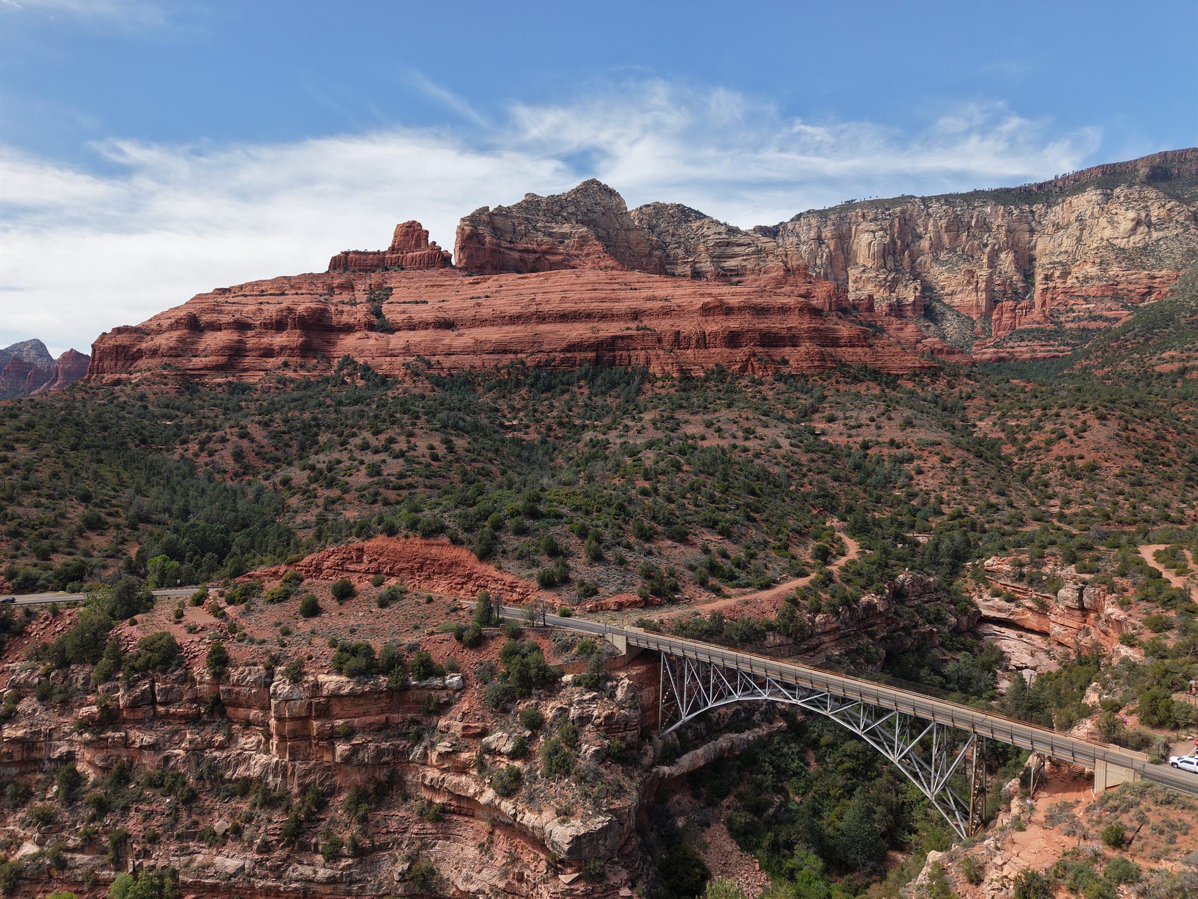 Aerial view of a bridge among the Sedona red rocks